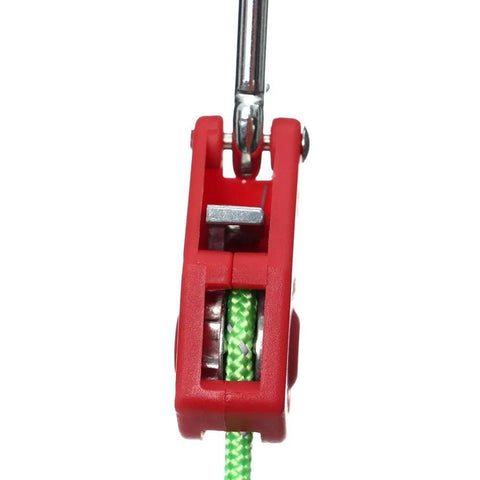 Close-up of stainless steel nylon adjustable rope fastener with fixed buckle and pulley for awning wind ropes and tent ropes.