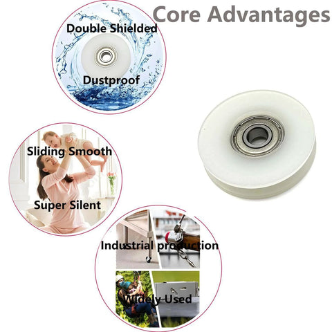 Plastic Nylon Roller Wheel, 1.8"/46.5mm Silent U Groove Pulley Wheels Ball Bearing for Sliding Door Garage Gym Pulleys System, with 608zz Bearing,5Pcs highlighting core advantages like dustproof, smooth sliding, and versatility.