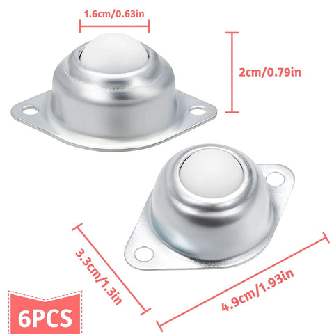 Two Six Pack Five Eighth Inch Nylon Roller Ball Transfer Bearing Casters With 360 Degree Swivel Wheels, showing dimensions.