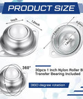 30 Pcs 1 Inch Roller Ball Transfer Bearing Nylon Round Ball Transfer Unit Universal Casters for Conveyor Roller Stand Transmission System with size diagram and rotation feature