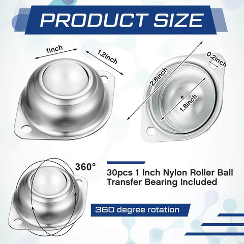 30 Pcs 1 Inch Roller Ball Transfer Bearing Nylon Round Ball Transfer Unit Universal Casters for Conveyor Roller Stand Transmission System with size diagram and rotation feature