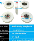 Plastic Nylon Roller Wheel, 1.8"/46.5mm Silent U Groove Pulley Wheels Ball Bearing for Sliding Door Garage Gym Pulleys System, with 608zz Bearing, 5Pcs displayed with dimensions.