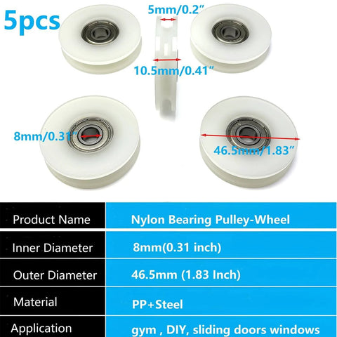 Plastic Nylon Roller Wheel, 1.8"/46.5mm Silent U Groove Pulley Wheels Ball Bearing for Sliding Door Garage Gym Pulleys System, with 608zz Bearing, 5Pcs displayed with dimensions.
