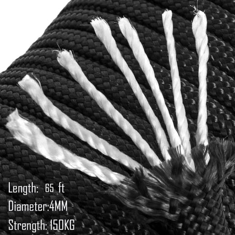 Close-up of a 66ft nylon rope for 25MM Pulley System, showing braided texture and 150kg load capacity specifications.