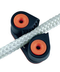 WEISUYUUS nylon rope clamp cleat, close-up view, black body with orange inserts and braided white rope
