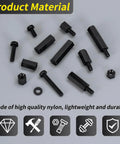 580 PCS M3 Black Nylon Standoff Kit with Spacers, Screws, and Nuts displayed on a gray background
