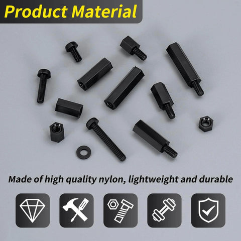 580 PCS M3 Black Nylon Standoff Kit with Spacers, Screws, and Nuts displayed on a gray background