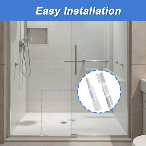 2 Pack Sliding Shower Door Bottom Guide Tracks White Nylon Sill Replacement For Glass Sliding Shower Doors Reduces Noise And Wobble Durable Corrosion Resistant Glide System For Smooth Quiet Operation shown installed in a glass shower.