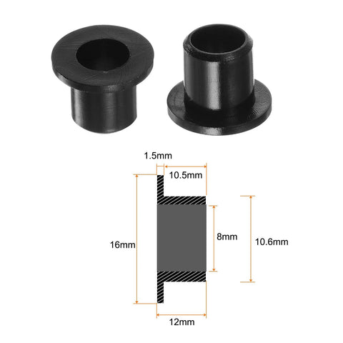 Diagram and side view of 12 Pack Flanged Nylon Sleeve Bearings for shafts with 8mm bore, 10.6mm outer diameter, and 12mm length in black.