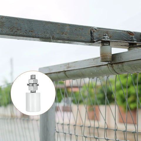 4 Pack Slide Gate Guide Rollers Nylon Bearing Wheels For Sliding Gates And Doors 1.18 Inch Wide By 1.57 Inch High White Durable Gate Rollers Suitable For Pulley And Electric Door Applications shown installed on metal gate, highlighting nylon roller and screw attachment for smooth operation.
