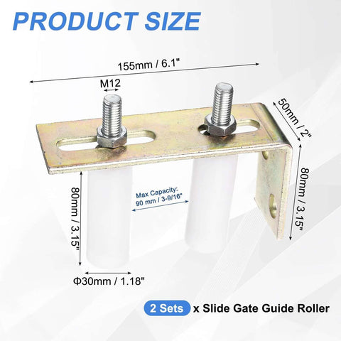 2 Pack Slide Gate Guide Rollers With L Shaped Brackets, 30mm Nylon Rollers, 80mm Long, For Gates Up To 3 9 16 Inch Wide, white