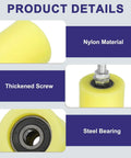 Product details showing nylon material, thickened screw, and steel bearing of the 4Pcs Slide Gate Guide Rollers Set With 60x80 Mm Nylon Wheels, 12 Mm Thread, 4.53 In Total Height, Beige Finish, Universal Door Pulley Wheels For Sliding Gates And Electric Doors, Durable Nylon And Steel Construction.
