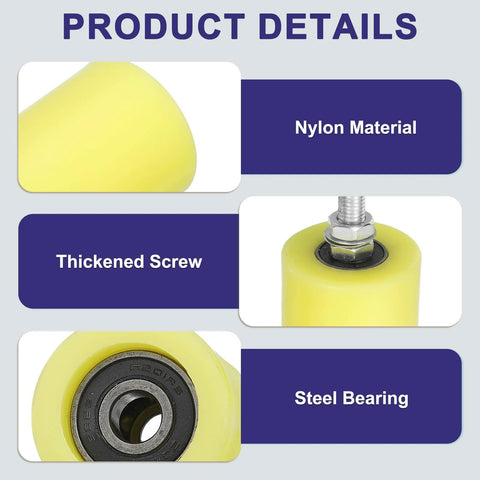 Product details showing nylon material, thickened screw, and steel bearing of the 4Pcs Slide Gate Guide Rollers Set With 60x80 Mm Nylon Wheels, 12 Mm Thread, 4.53 In Total Height, Beige Finish, Universal Door Pulley Wheels For Sliding Gates And Electric Doors, Durable Nylon And Steel Construction.