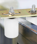 Slide Gate Guide Roller Set With L Shaped Bracket Nylon Rollers Two Inch Diameter And Two And Three Eighths Inch Length Universal Ball Bearing Gate Guider For Sliding Doors White Includes Two Rollers And One Bracket For Smooth Side To Side Gate Roll installed view