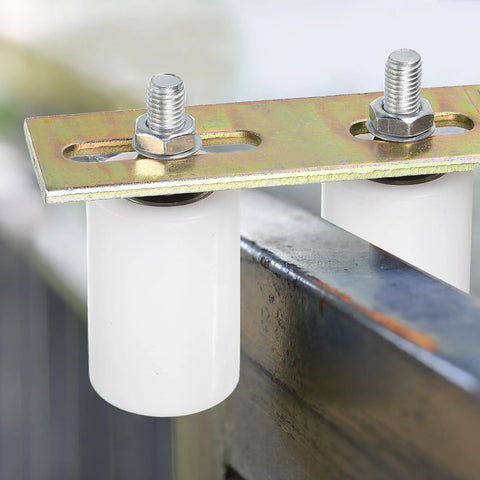 Slide Gate Guide Roller Set With L Shaped Bracket Nylon Rollers Two Inch Diameter And Two And Three Eighths Inch Length Universal Ball Bearing Gate Guider For Sliding Doors White Includes Two Rollers And One Bracket For Smooth Side To Side Gate Roll installed view