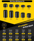 Image of Durable Nylon Spacers For Screws 150 Piece Set M6 ID 6 Mm OD 11 Mm Ten Lengths, showing all sizes and quantities.