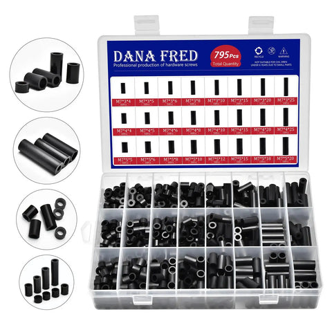 Nylon Spacer Assortment Kit For Circuit Boards Non Threaded Black Standoff Washers With 7mm Outer Diameter And 3 4 5mm Inner Diameters, Lengths 4 5 6 8 10 15 18 20 25mm, 795 Pieces, Durable Easy Install in a case display.