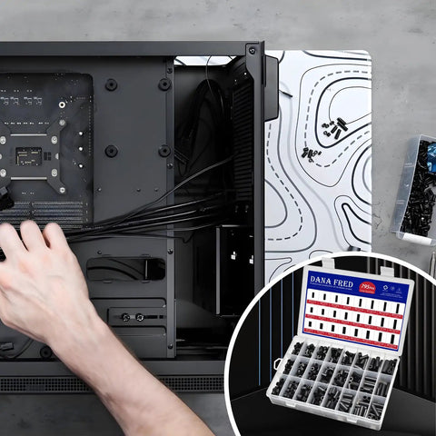 Image showing Nylon Spacer Assortment Kit For Circuit Boards Non Threaded Black Standoff Washers being installed in a computer case.