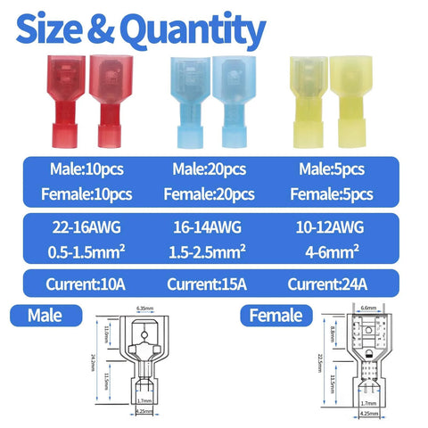 Nylon Spade Connectors Kit With All In One Crimping Tool For Automotive Wiring DIY Friendly 10 To 24 AWG Includes 70 Piece Copper Ferrule Terminals And Male And Female Electrical Crimp Terminal Connectors, showing connectors' sizes and quantities.