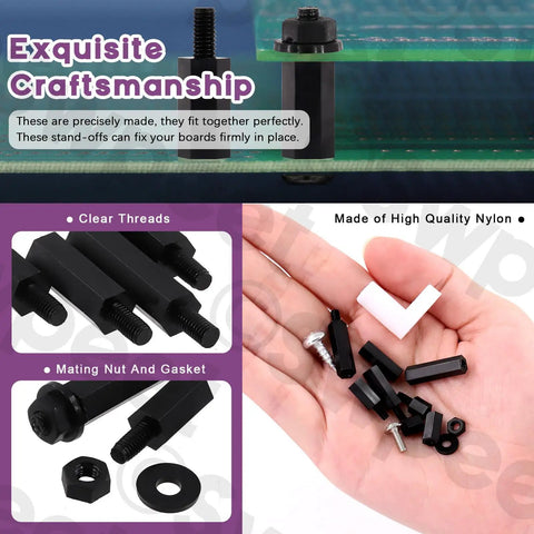 M3 Nylon Standoff Kit for Circuit Boards 321 Pieces Including Black Hex Spacers Nuts Screws and PCB Feet Insulated Mounting Hardware for DIY Electronics Prototyping and Reliable PCB Spacing showing parts with craftsmanship highlighting.