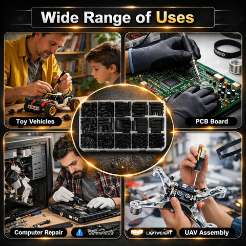 620 Piece M3 Nylon Standoff Kit with screws, nuts, washers; shown with toy vehicles, PCB board, computer repair, UAV assembly.
