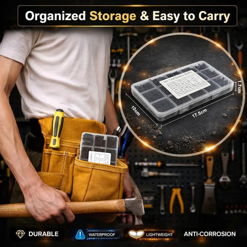 620 Piece M3 Nylon Standoff Kit With Screws Nuts And Washers Black Threaded Spacers For PCB Mounting And Motherboard Insulation Ideal For Circuit Boards Computer Building And DIY PC Builds And Electronics Projects in labeled storage box displayed in tool belt.