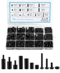 580 PCS M3 Black Nylon Standoff Kit with Spacers, Screws, and Nuts displayed in a plastic organizer box