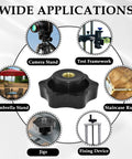 Diagram showing applications of Black Nylon 1/4-20 Inch Hand Tightening Clamping Knob with Brass Insert for various tools and devices