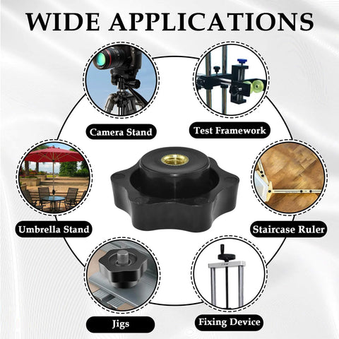 Diagram showing applications of Black Nylon 1/4-20 Inch Hand Tightening Clamping Knob with Brass Insert for various tools and devices