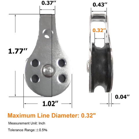 Front and side view of SUS316 Nylon Steel Rope Pulley System Wheel Outdoor Steel Pulley Smooth Cable Rigging Pulley Block Outdoor