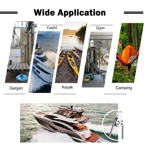 SUS316 Nylon Steel Rope Pulley System Wheel Outdoor Steel Pulley Smooth Cable Rigging Pulley Block Outdoor Suitable for 0.08 to 0.32 Inch Ropes 2Pcs shown with wide application pictures including yacht, kayak, and garden.