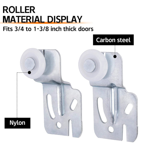 5 Pcs Sliding Closet Door Roller Kit with nylon and carbon steel components, fits 3/4 to 1-3/8 inch thick doors, shown in detail.