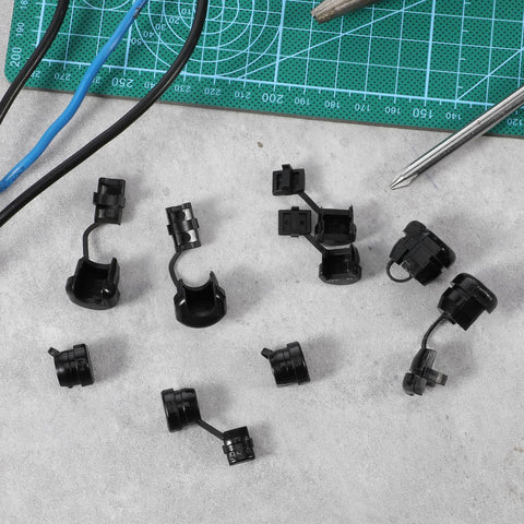 40 Pack Nylon Strain Relief Cord Connectors For Power Cables Round Grommets With Nylon Insulation, tools, and wires on a desk