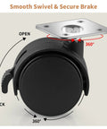 1.5 Inch Nylon Plate Caster Wheels With Brakes, Swivel Furniture Casters For Light Duty Furniture And Equipment, side view showing 360-degree swivel and lock mechanism.