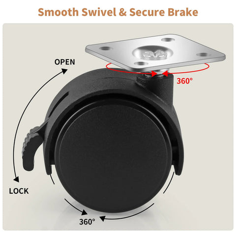 1.5 Inch Nylon Plate Caster Wheels With Brakes, Swivel Furniture Casters For Light Duty Furniture And Equipment, side view showing 360-degree swivel and lock mechanism.