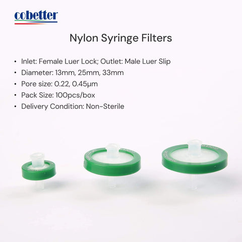 1000 Pack Nylon Hydrophilic Syringe Filters 0.22 Micron, 25 Millimeter Diameter, Green Color Code, Non Sterile Lab Filtration