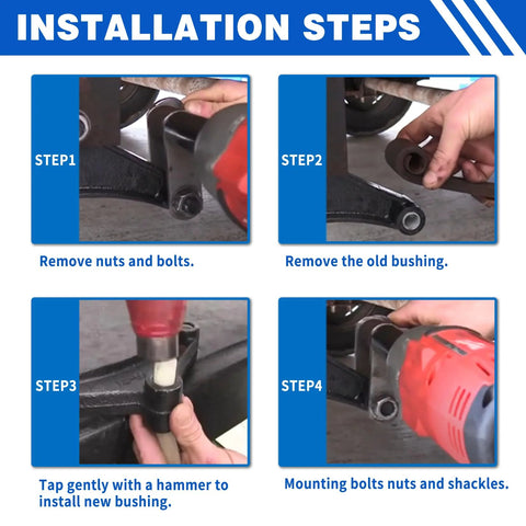 Installation steps for 8 Pack Nylon Trailer Leaf Spring Bushings 9 16 Inch ID By 1 3 4 Inch Length Replacement 722106
