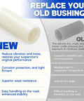 9; New nylon trailer leaf spring bushing compared to old worn bushing, highlighting features of the 8 Pack Nylon Trailer Leaf Spring Bushings 722106 Replacement Kit For Trailer Double Eye Springs And Equalizers, Nine Sixteenth Inch Inner Diameter By One Three Quarters Inch Outer Diameter, Universal Fit For Most Trailers.