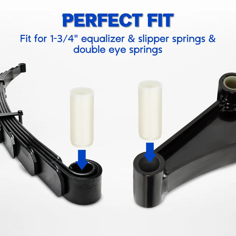 8 Pack Nylon Trailer Leaf Spring Bushings 722106 Replacement Kit for Trailer Double Eye Springs and Equalizers, shown in use