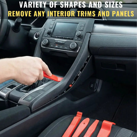 Close-up of 8 Piece Auto Trim Removal Tool Set Nylon Pry Tools being used on car dashboard panel for scratch-free removal.