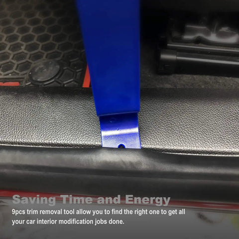 Blue tool from Heavy Duty Plastic Auto Trim Removal Tool Set For Safe Car Interior And Door Panel Clips GLK 5 Piece Pry Tool Kit in use