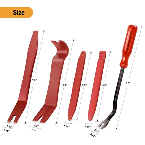 Five Piece Nylon Impact Resistant Auto Trim Removal Tool Kit For Car Panels And Audio Dashboard Dismantling No Scratch Durable Non Toxic Construction For Safe Car Audio System Installation And Repairs, showing assorted tool sizes with red handles.