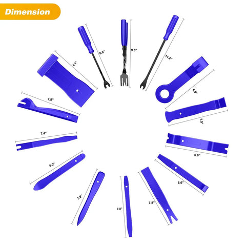 Different nylon tools from the 19 Piece Trim Removal Tool Set With Clip Pliers And Upholstery Remover Nylon Auto Panel Removal Kit arranged in a circle, showing dimensions.