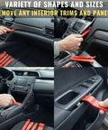 Close-up of 8 Piece Auto Trim Removal Tool Set Nylon Pry Tools used on car interior panels and dashboards.