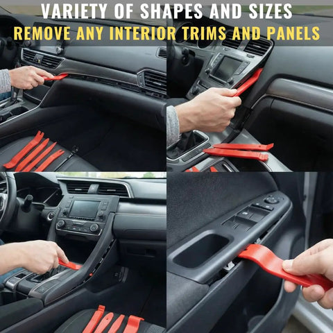 Close-up of 8 Piece Auto Trim Removal Tool Set Nylon Pry Tools used on car interior panels and dashboards.