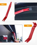 Five Piece Nylon Impact Resistant Auto Trim Removal Tool Kit For Car Panels And Audio Dashboard Dismantling No Scratch Durable Non Toxic Construction For Safe Car Audio System Installation And Repairs showcasing red pry tool in use.