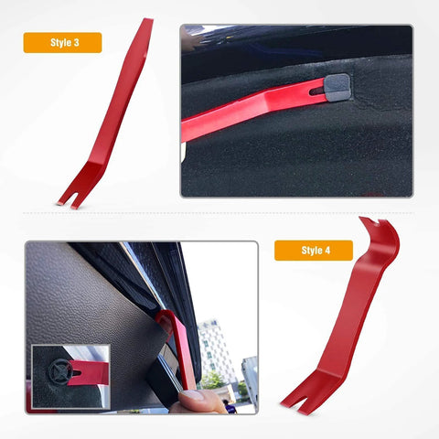 Five Piece Nylon Impact Resistant Auto Trim Removal Tool Kit For Car Panels And Audio Dashboard Dismantling No Scratch Durable Non Toxic Construction For Safe Car Audio System Installation And Repairs showcasing red pry tool in use.