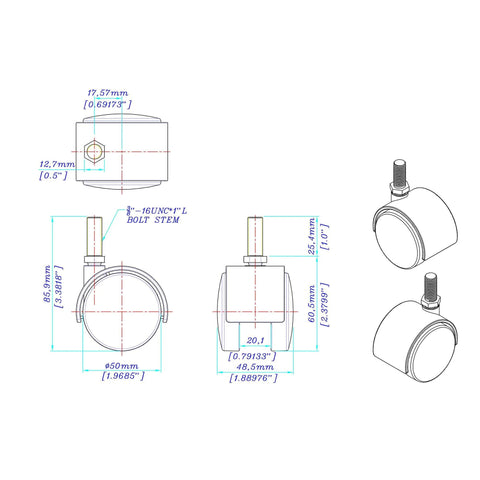 Technical diagram of 2 Inch Wheel Diameter Hooded Twin Wheel Caster In Black Nylon Swivel With 360 Degree Rotation And 3 8 16 By 1 Inch Threaded Stem Installed Mounting Height 2 5 16 Inches Four Pack Featuring Nylon 6 Wheels And Zinc Plated Steel Hardware.