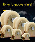 Pulley, Pulley Wheel, U-Groove Wheel Heavy Duty Nylon Caster set of five with steel brackets for sliding doors and industrial use.