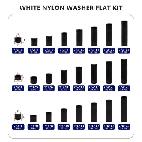 Nylon Spacer Assortment Kit For Circuit Boards Non Threaded Black Standoff Washers With 7mm Outer Diameter And 3 4 5mm Inner Diameters, Lengths 4 5 6 8 10 15 18 20 25mm, 795 Pieces, Durable Easy Install shown.